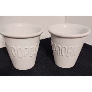 Pair of White LVC Ceramic Individual Popcorn Buckets Holds 2 Cups Popped Corn